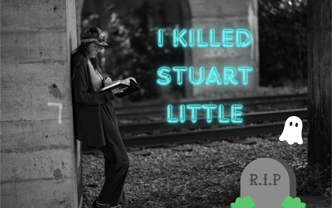 reading book to headstone with little ghost